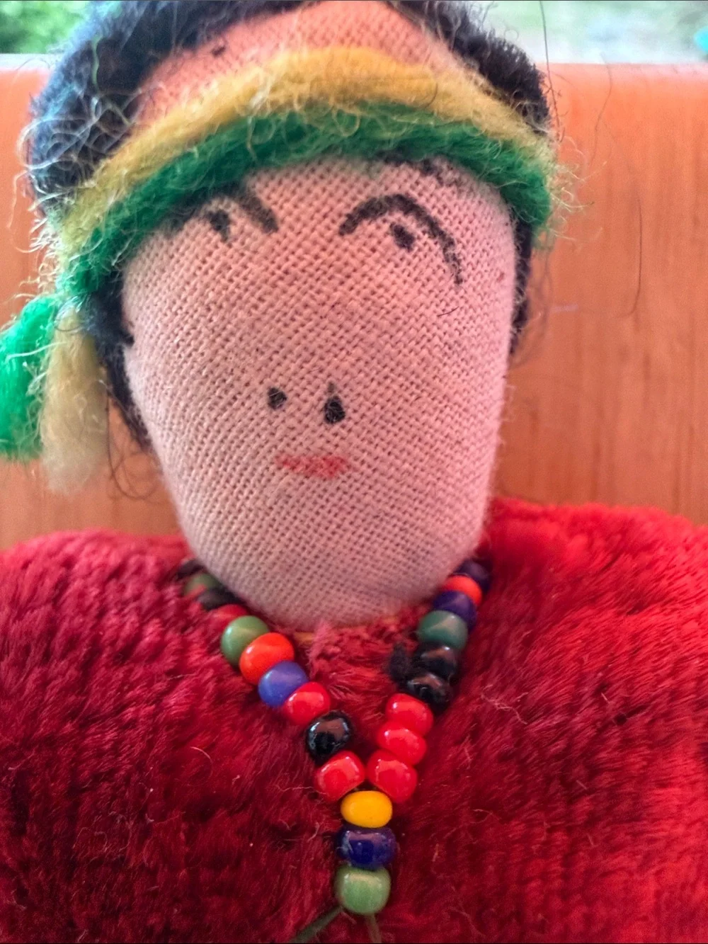 Handcrafted Red Cloth Doll with Beaded Necklace
